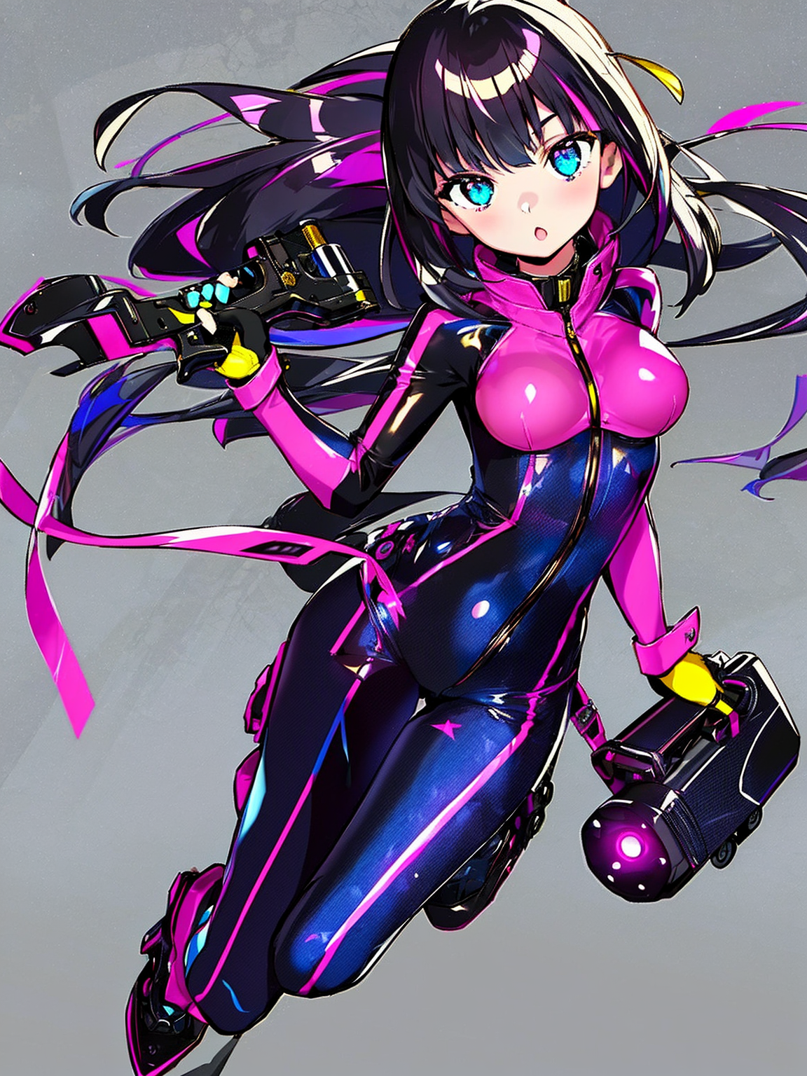 00145-1024530243-1girl, solo, cyberGirls, black hair, weapon, long hair, breasts, pink bodysuit, multicolored hair, blue eyes, holding gun, rolle.png